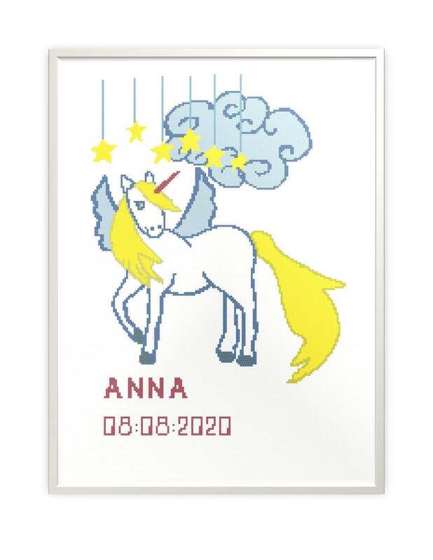 Baby birth announcement, unicorn cross stitch chart