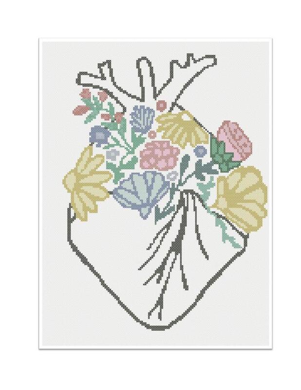Cross stitch flower heart pattern