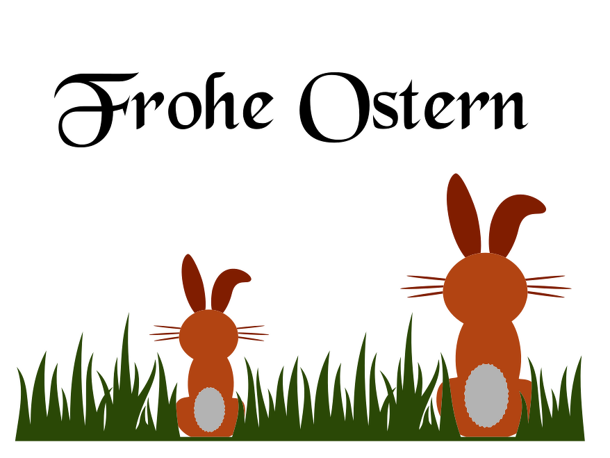 Plottmotiv „Frohe Ostern“ mit zwei Hasen und Gras auf weißem Hintergrund