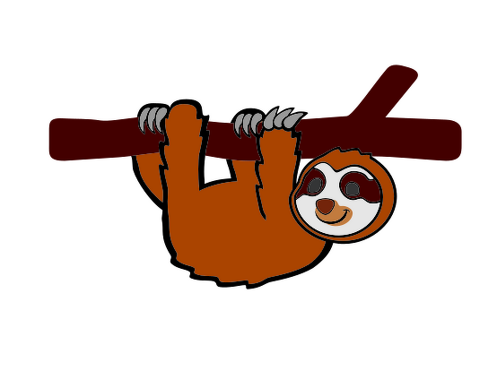 Cartoon-Faultier hängt kopfüber an Ast, braun-orangees Fell, lächelnd