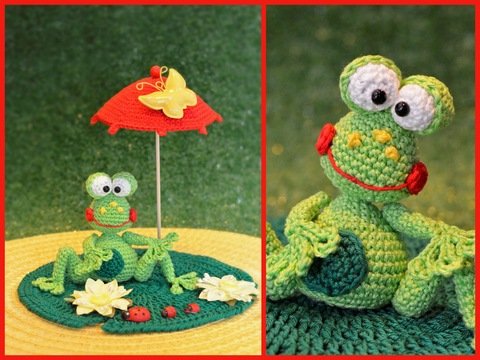 kleiner Frosch Hoppsl mit Sonnenschirm auf Seerosenblatt Frühlingsdeko