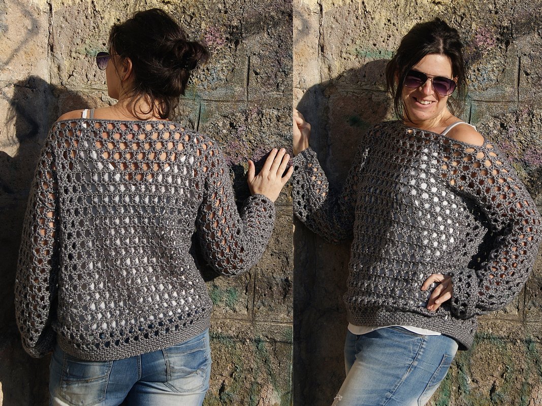 Häkelpulli CROSS (Gr. S/M, L/XL, ganz leicht anzupassen)