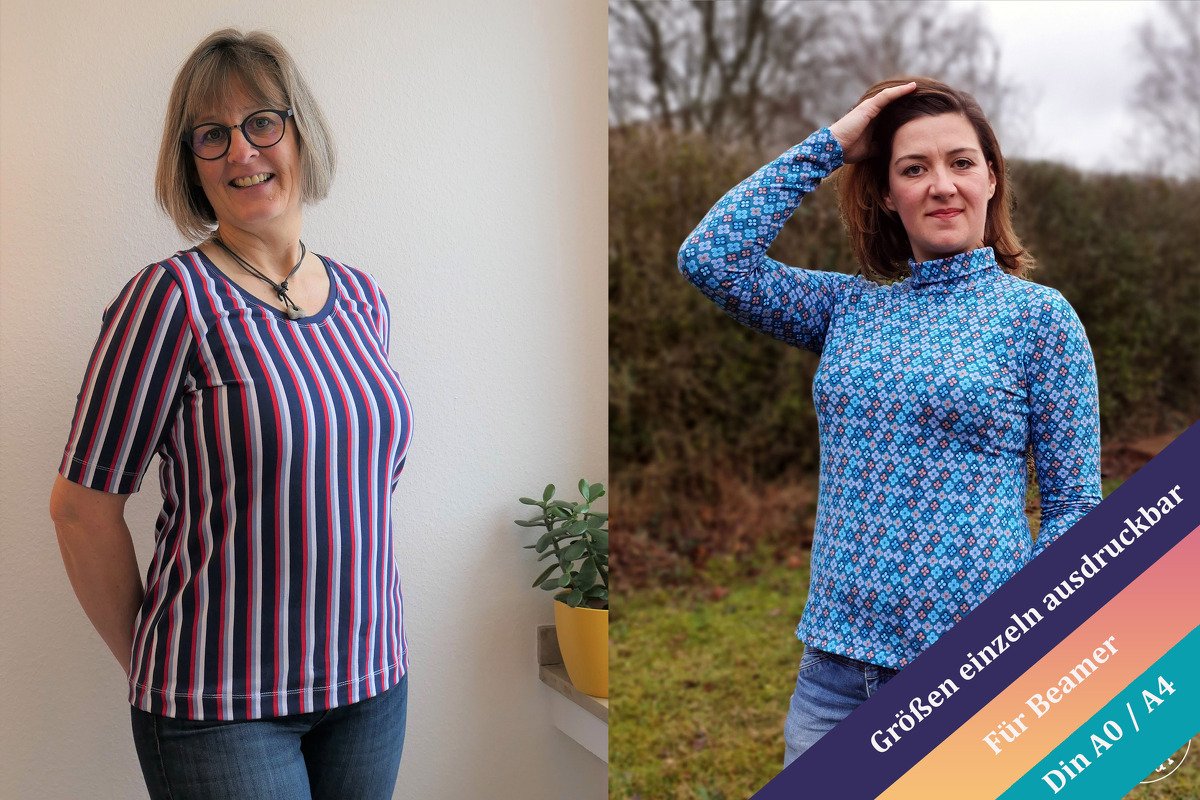 Anleitung Basic Shirt Bellis von 34 - 46 mit 2 Ausschnitttiefen und Rolli