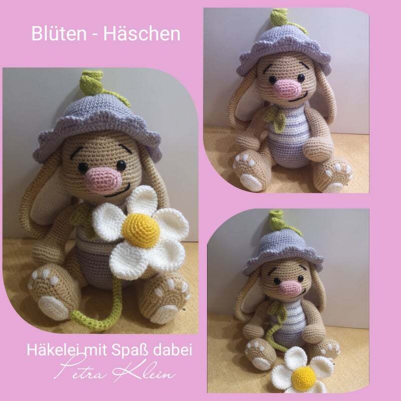 Gehäkeltes Amigurumi-Blütenhäschen in Beige und Pastelllila mit Hut und weißer Blume