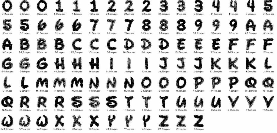 Buchstaben Zahlen in 1cm 1,5cm und 2cm Stickdatei