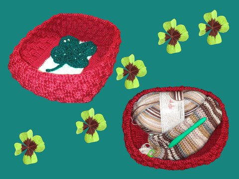 Utensilo-Körbchen im Korbmuster mit Glücksklee Kleeblatt Häkelanleitung