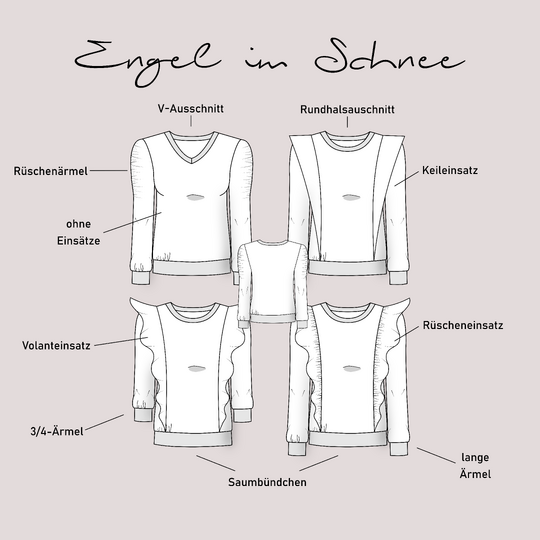 Schnittmuster Pullover mit Rüsche, Volant, uvm. in Damen Gr. 32 - 54