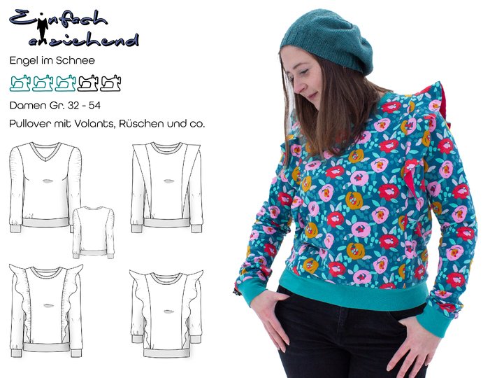 Schnittmuster Pullover mit Rüsche, Volant, uvm. in Damen Gr. 32 - 54
