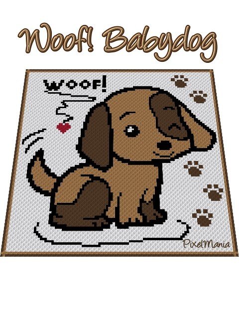 Häkelmuster einer Decke mit sitzendem braunen Welpen, Pfotenabdrücken und dem Schriftzug „woof!“ im Pixelstil.