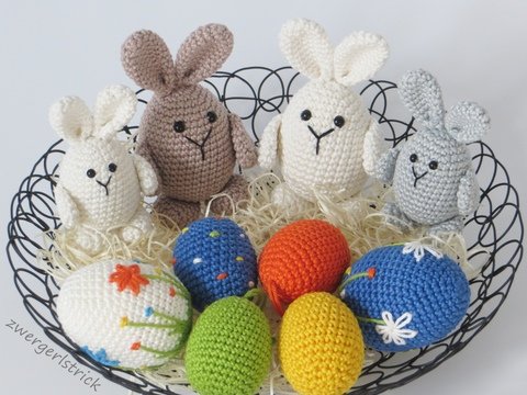 Häkelanleitung - bunte Ostereier oder Eier-Häschen in 2 Größen