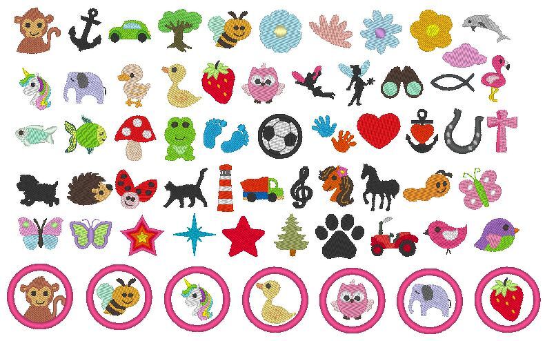 2cm Minis jeweils mit 3cm Button 54 Motive Stickdatei