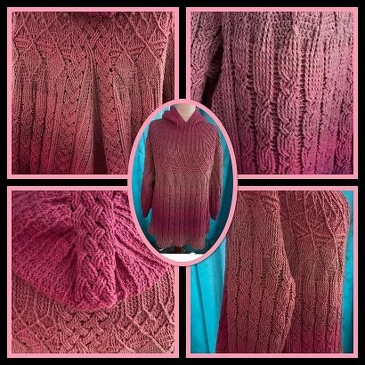 Gehäkelter Kapuzenpullover in Rosé‑Ombré mit Zopf- und Strukturmustern auf einer Schneiderpuppe