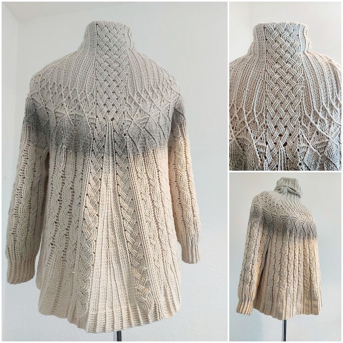 Gehäkelter Damenpullover mit Rollkragen, Zopfmuster und creme‑grauem Verlauf