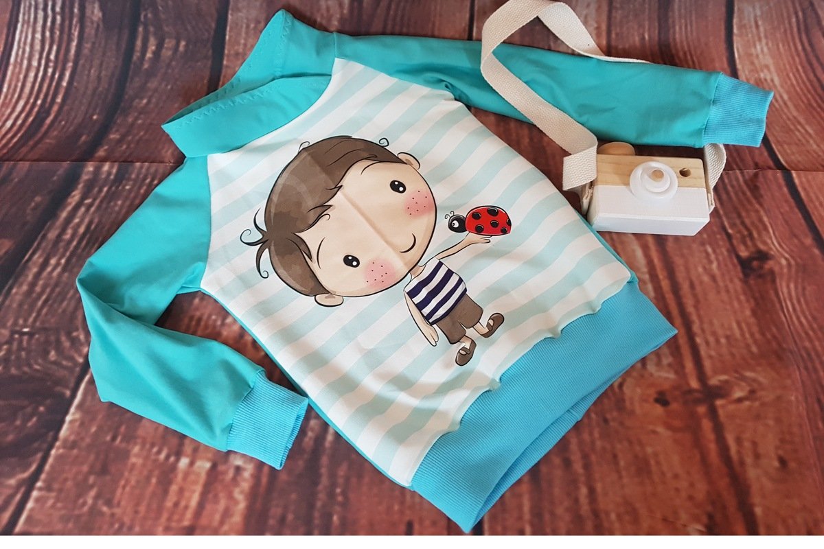 Langärmeliges Kinder-Sweatshirt mit türkisfarbenen Ärmeln und gestreiftem Vorderteil mit Jungen- und Marienkäfer-Illustration, auf Holzboden liegend.
