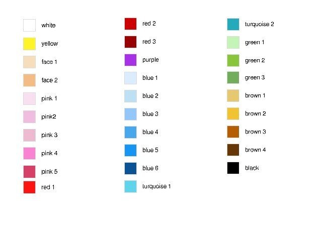 Systematisch angeordnete Farbkarte mit Farbfeldern und abgestuften T
en: Wei, Gelb, mehrere Hautt
e, mehrere Pink- und Blaut
e, Tkis, Gr
, Braun und Schwarz.