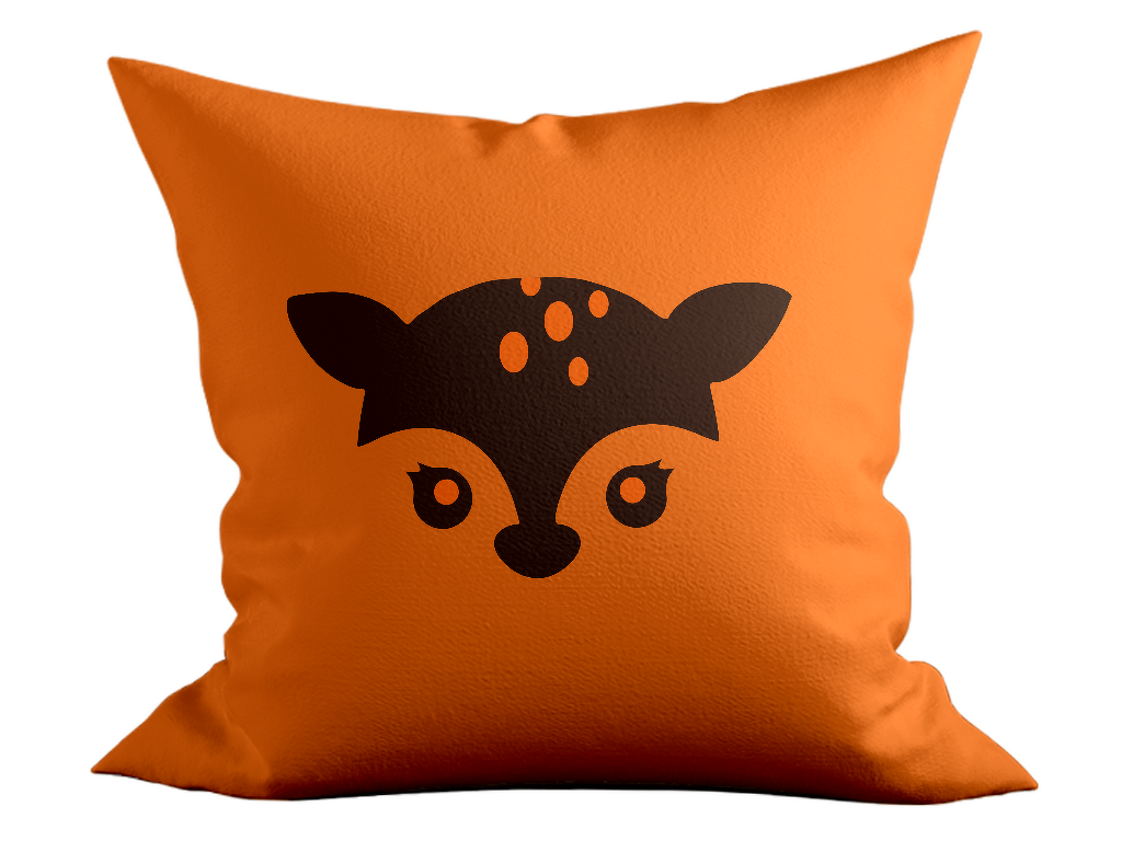 Orangefarbenes Kissen mit dunkelbraunem Rehkitzkopf-Plott und Punktmuster
