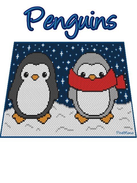 Pixelgrafik mit zwei Pinguinen auf Schnee vor dunklem Sternenhimmel, rechter Pinguin mit rotem Schal