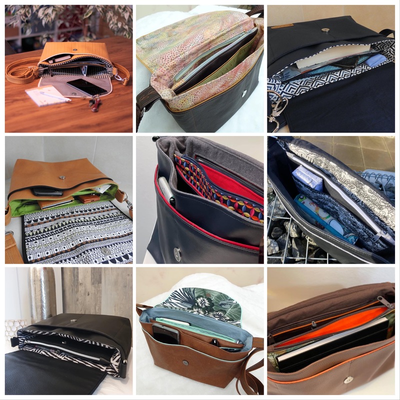 Neun geöffnete Taschen mit sichtbaren Innenfächern und Alltagsgegenständen