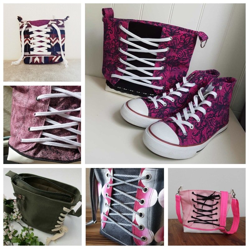 Collage aus mehreren Taschen mit dekorativer Schn ung und einem Paar stofflicher High-Top-Sneaker in Pink und Muster
