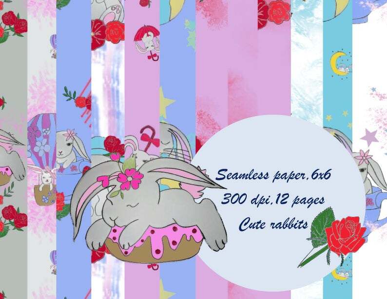 Cute Rabbits, Hares, Flowers, Roses, Digital Paper