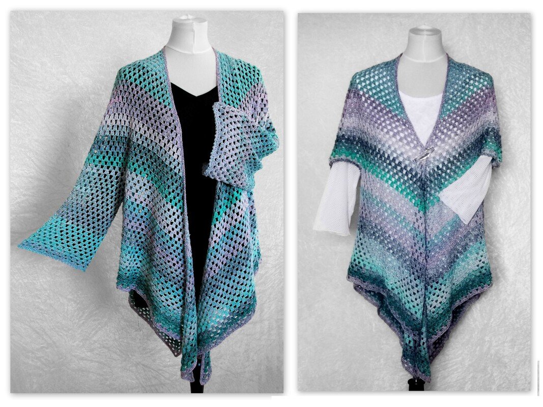 Open-front crochet cardigan in teal, blue, green and purple ombre yarn displayed on a mannequin.