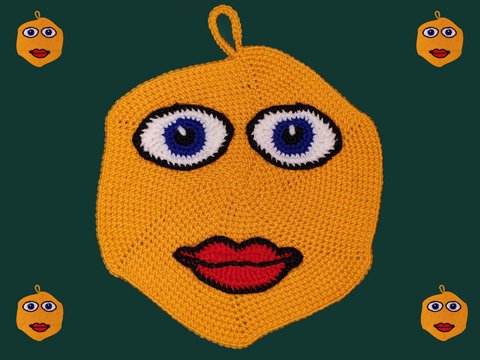 Topflappen „Grinsy“ und Applikationen Augen, Mund 3 Häkelanleitungen im Set