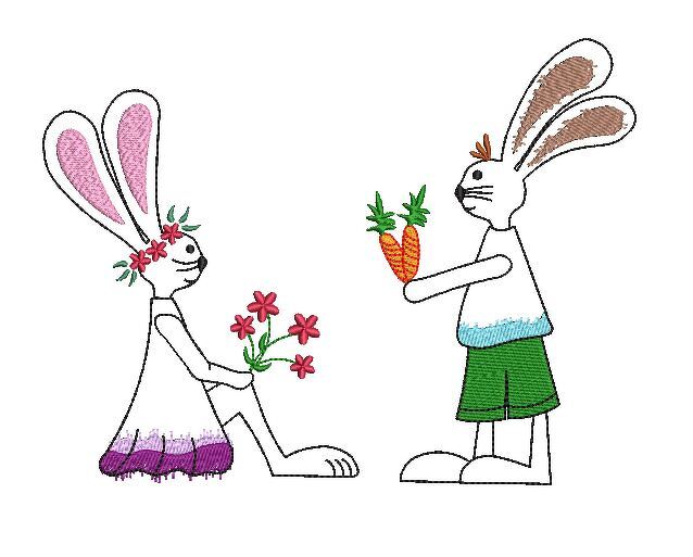 Stickdatei: zwei Hasen mit Blumen und Karotten