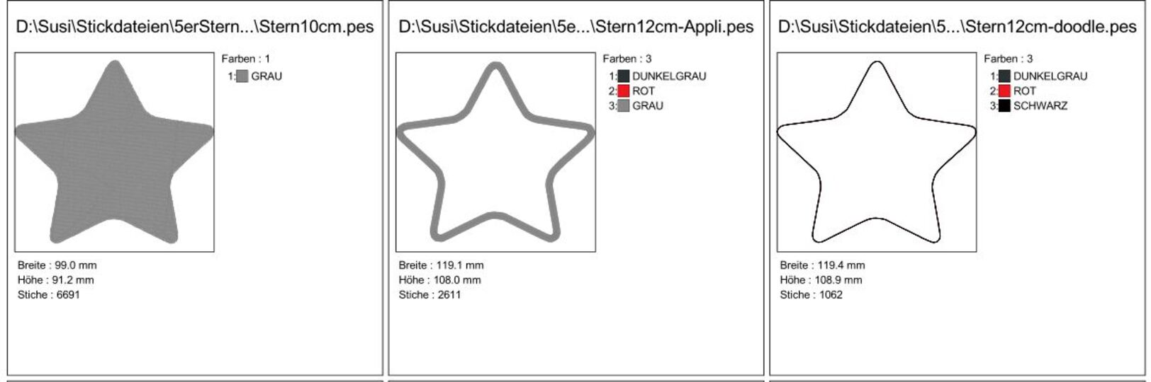 Stickdatei Stern gefüllt, als Doodle und für Stoffapplis