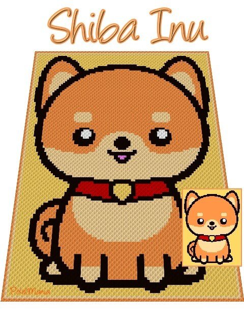 Pixelhäkelmuster eines Shiba Inu mit klaren Konturen und typischer Farbpalette für Häkelprojekte