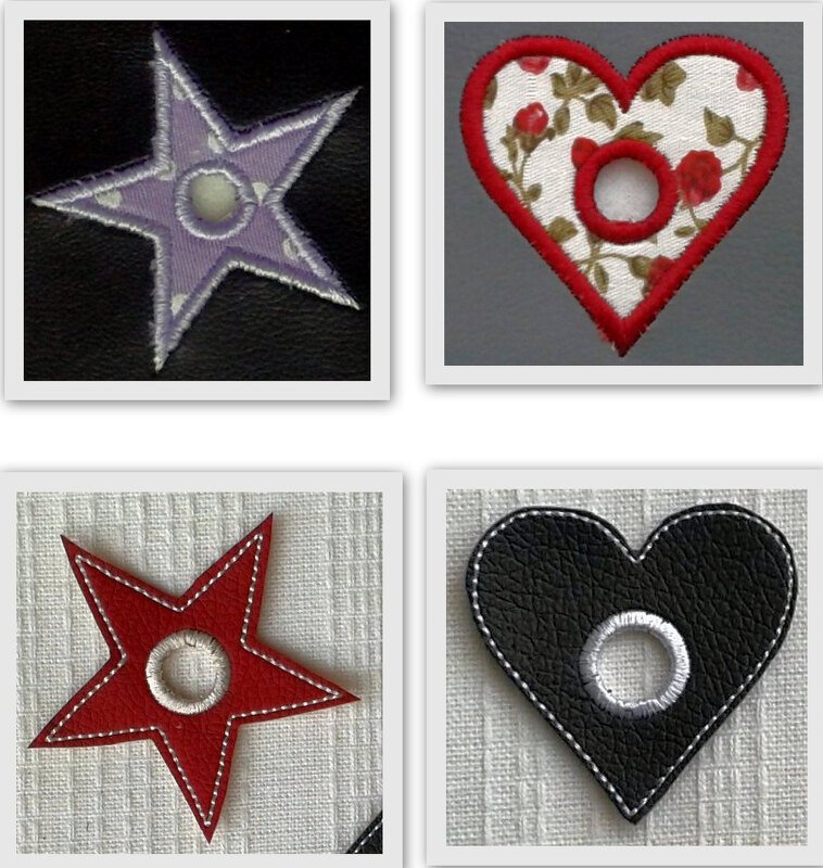 Vier bestickte Motive: zwei Sterne und zwei Herzen mit rundem Innenloch und dekorativem Randstich