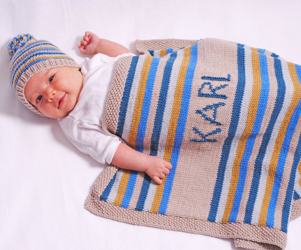 Strickanleitung Ringeldecke Karl &amp; Co. in der Größe 55x72 cm, mit Mütze