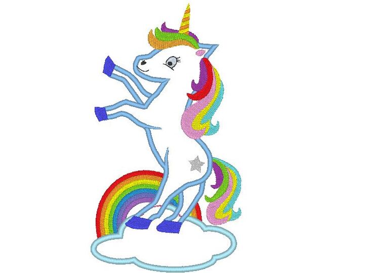 Stickdatei Einhorn stehend auf der Wolke mit Regenbogen