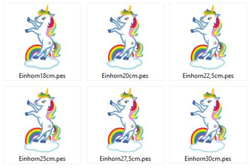 Stickdatei Einhorn stehend auf der Wolke mit Regenbogen
