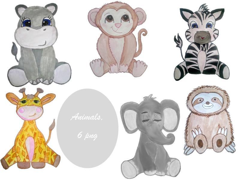Clipart Set of 6 safari animals, png