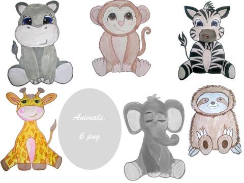 Clipart Set of 6 safari animals, png