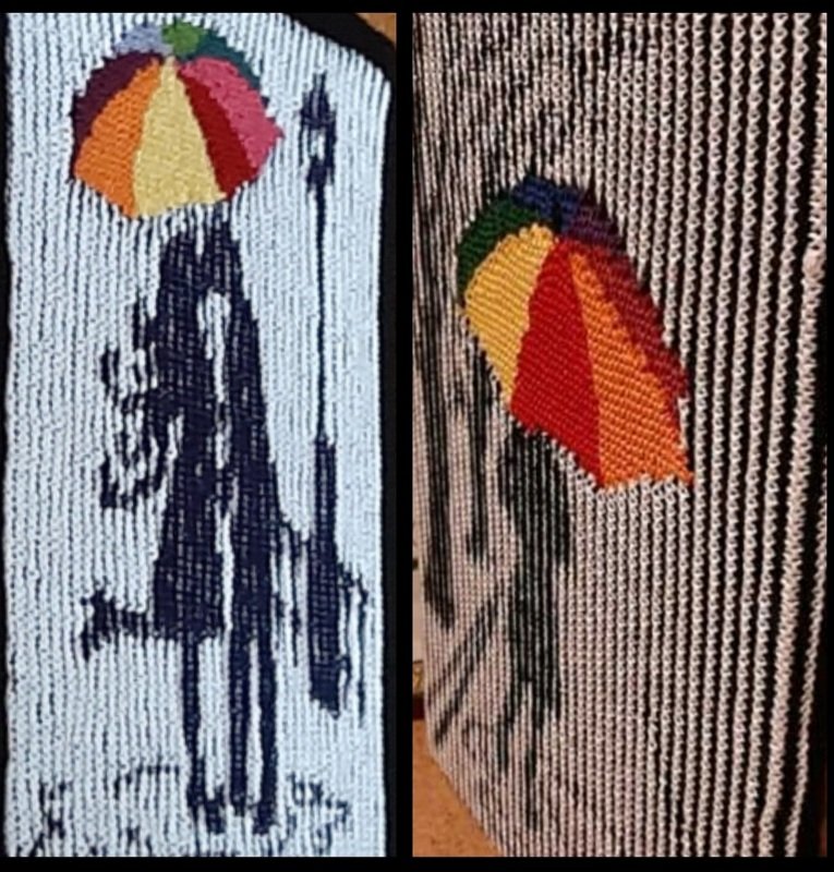 2 Schattenstrickbilder mit buntem Regenschirm, Nur für Farbwechsel-Geübte.