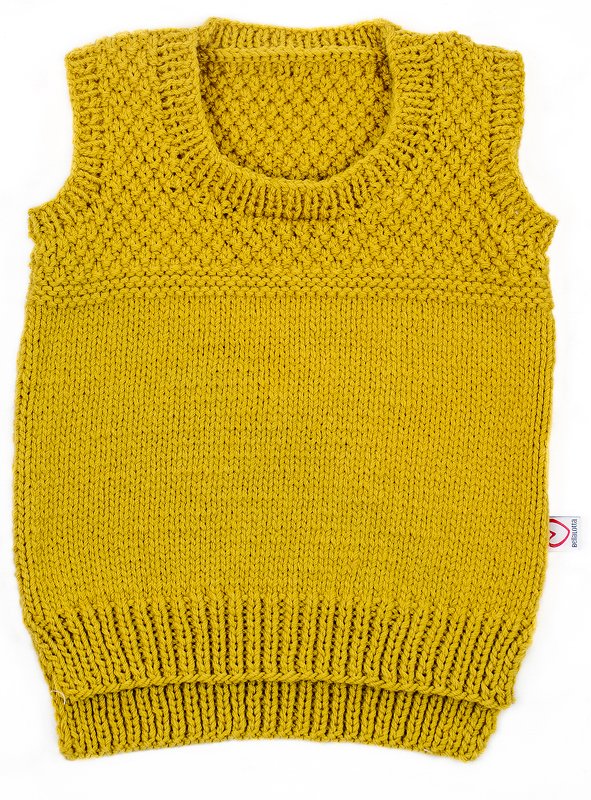 Gelber gestrickter Kinder-Pullunder mit strukturierter Passe und geripptem Saum