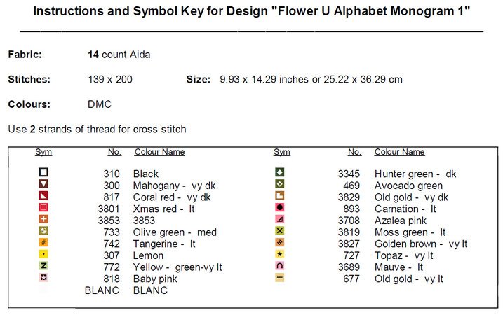 Flower U Alphabet Monogram 1 Cross Stitch Pattern PDF