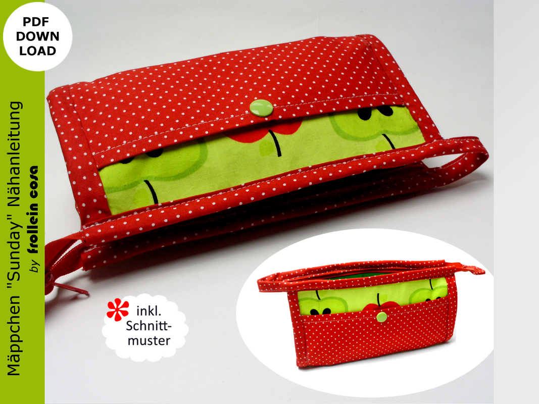 Rotes, weiß gepunktetes Mäppchen mit grünem Apfel-Innenfutter und hellgrünem Druckknopf