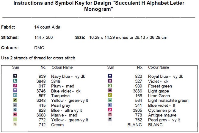 Succulent H Alphabet Letter Monogram Cross Stitch Pattern PDF