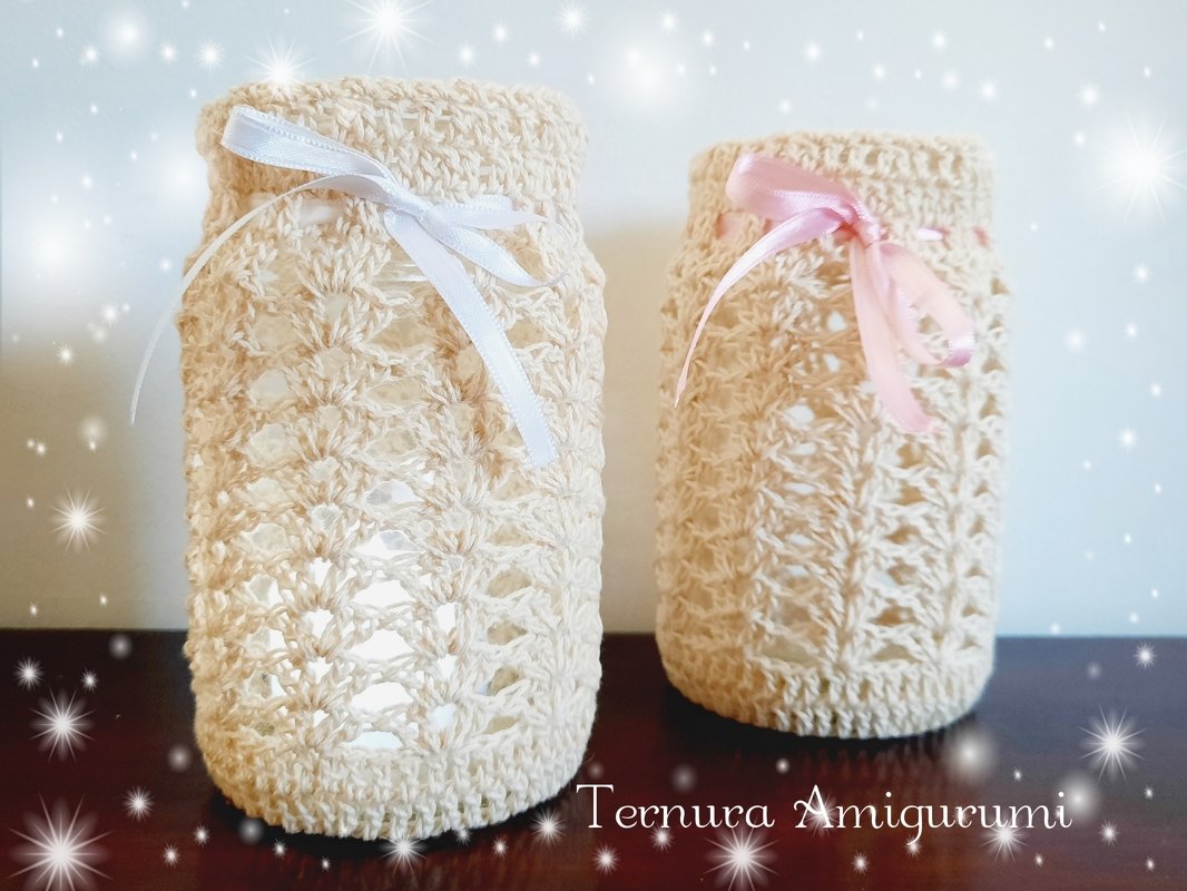 Crochet decoration Candle Holder glass waste