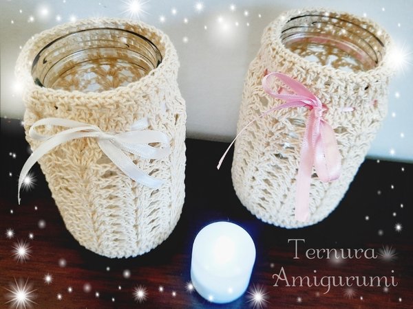 Crochet decoration Candle Holder glass waste