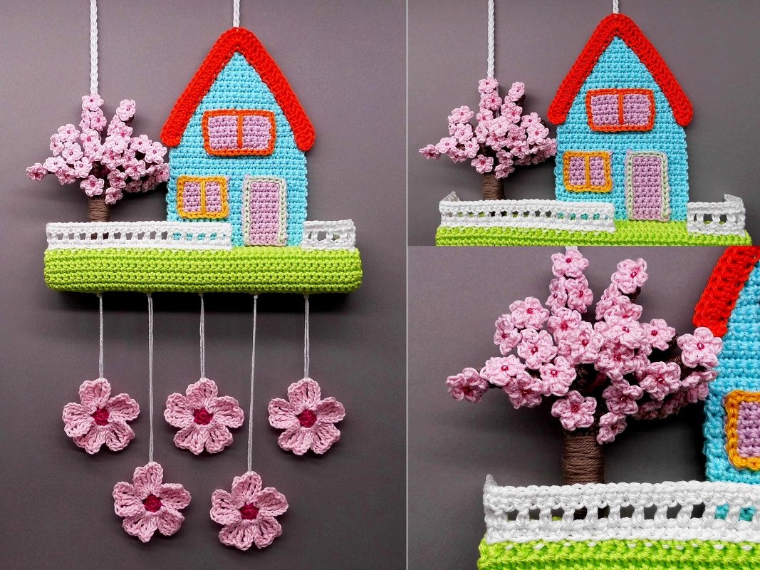 Hanging decoration spring cherry blossom - easy from scraps of yarn