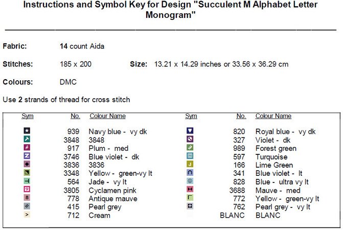 Succulent M Alphabet Letter Monogram Cross Stitch Pattern PDF