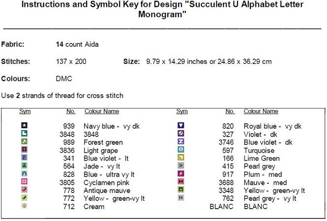 Succulent U Alphabet Letter Monogram Cross Stitch Pattern PDF