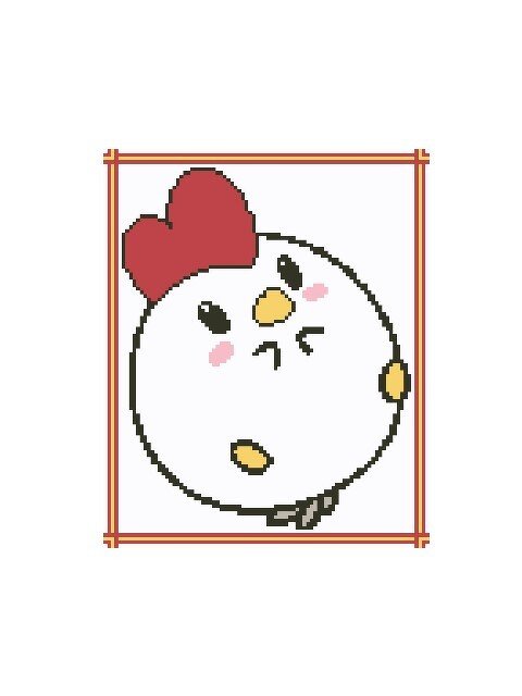 Pixelgrafik eines runden Huhns mit rotem Kamm in quadratischem Rahmen