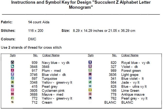 Succulent Z Alphabet Letter Monogram Cross Stitch Pattern PDF