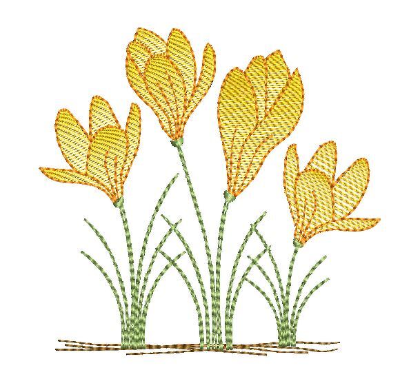Stickmotiv mit vier gelben Krokusblüten und grünen Halmen