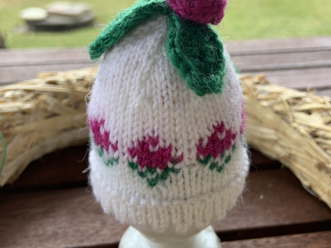 Anleitung Eierwärmer mit Röschenborte und Röschen