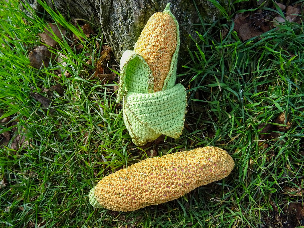 Zwei gehäkelte Maiskolben in Gelb und Grün, einer mit geöffneten Hüllblättern, auf frischem Gras liegend